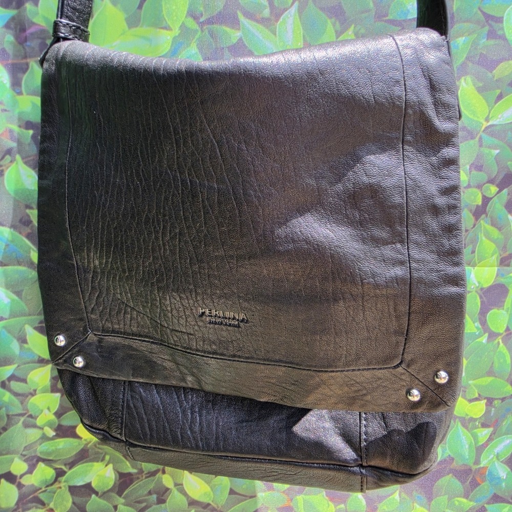 Perlina New York Leather Shoulder Bag Black Crossbody Purse Adjustable Strap
